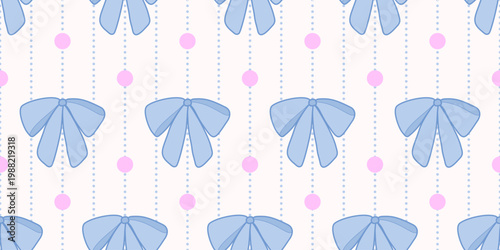 Seamless vector pattern of cute, colorful ribbons and rain clouds on a beautiful blue wallpaper background. Suitable for fabric patterns, textures, and decorative backgrounds.