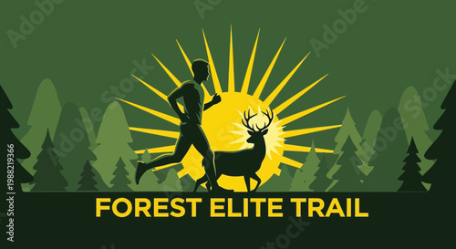 Forest Trail Run With A Deer Silhouette Against The Sun, Illustrative Design