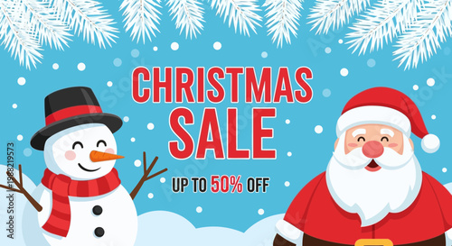 Festive Christmas Sale Banner: Santa Claus and Snowman Promoting Discounted Holiday Offers