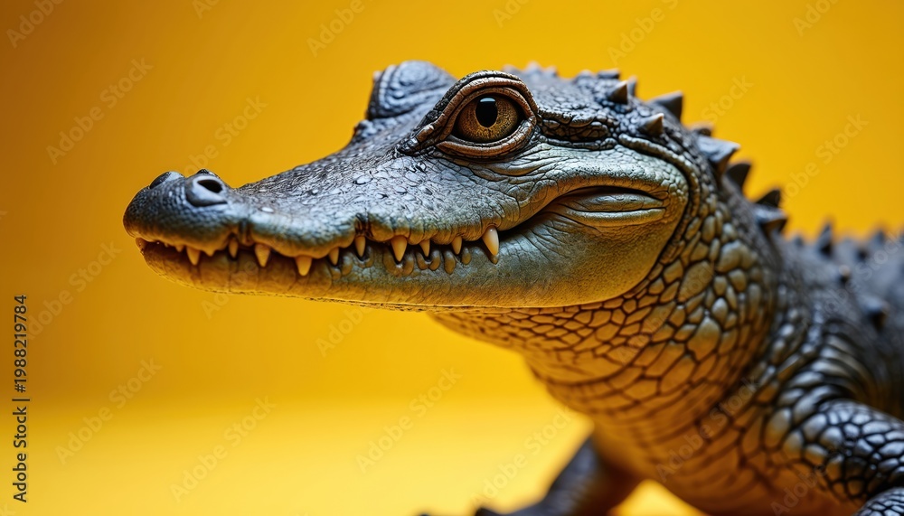 Fototapeta premium Small alligator reptile looks forward. Tiny jaws show sharp teeth. Scaly skin texture detailed. Bright yellow background behind cute animal.