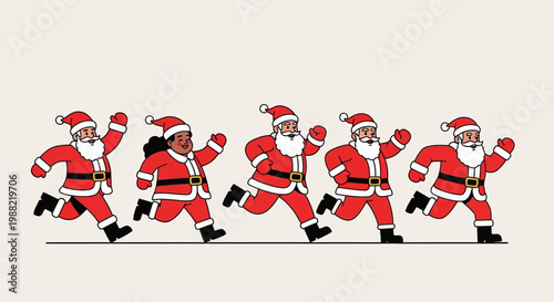 Festive Santas Sprinting Forward with Joy Displaying Energetic Holiday Spirit and Cheer