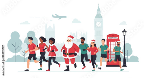 Festive London Marathon Runners With Santa Participating In A Winter Race