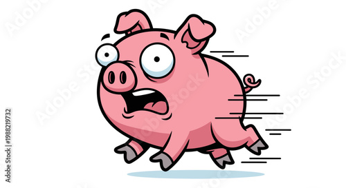 Frightened Pig Sprinting In Panic, Cartoon Character Running With Rapid Speed