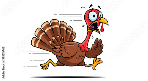 Frightened Turkey Sprinting Away for Survival on a White Background