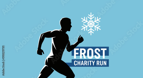 Frost Charity Run Depicts Silhouette Athlete and Snowflake on Cyan Background
