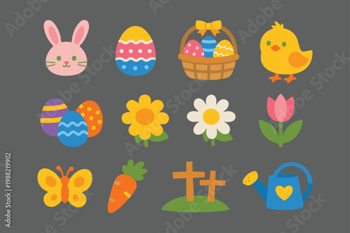 set of easter eggs and flowers, Easter Egg Hunt Cartoon Icons Bundle, Kawaii Easter Bunny Characters and Spring Elements, Baby Bunny and Decorated Eggs Cute Illustration Set
