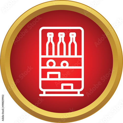 White line art refrigerator icon showcasing bottles and compartments on a red and gold background