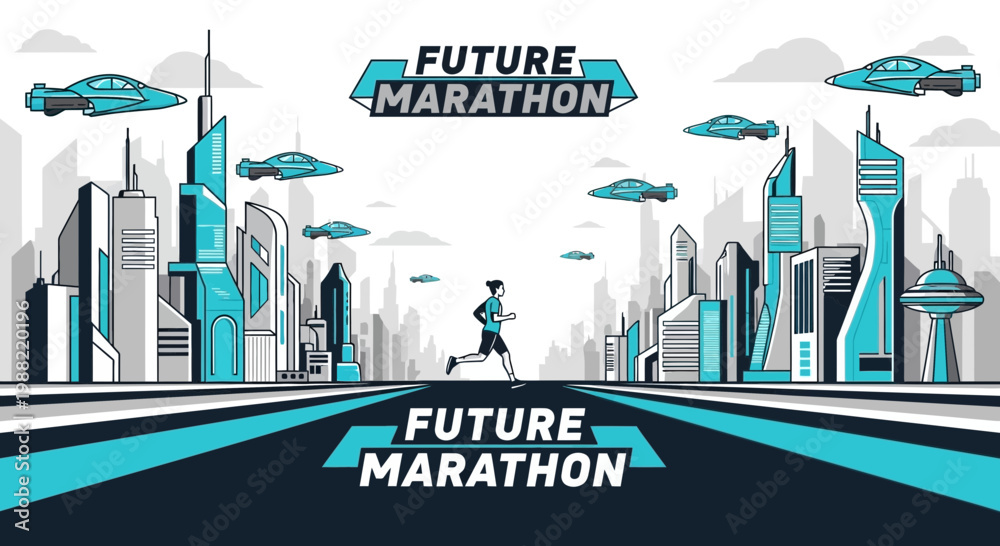 Obraz premium Futuristic Marathon Runner on a City Track Under a Modern Sky with Flying Cars