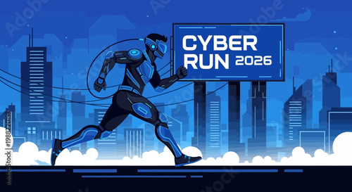 Futuristic Cyber Runner Sprinting Through Modern Metropolis at Night Time in 2026