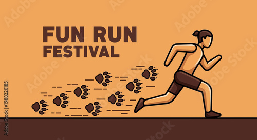 Fun Run Festival Announcement Depicting Humanoid Character and Paw Prints