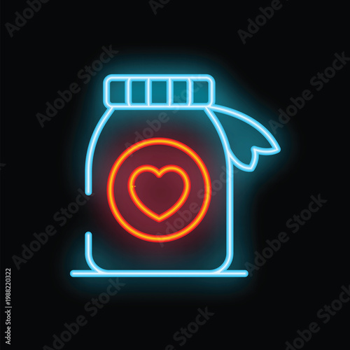 Glowing neon icon of a jar with a heart, perfect for designs related to love, relationships, or special occasions
