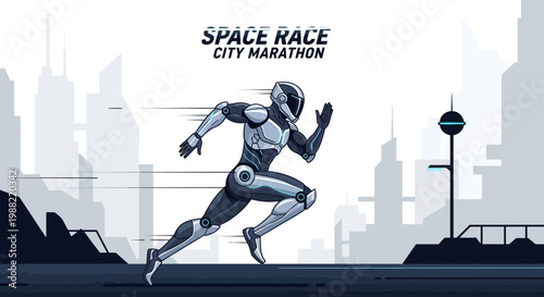 Futuristic Runner in Cybernetic Suit Displays Dynamism in Urban Cityscape, Space Race Concept