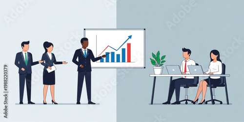 Business Team Meeting Presentation with Office Employees Analyzing Growth Chart Corporate Collaboration Strategy Workspace Vector Illustration Design