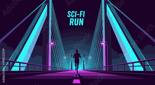 Futuristic Runner on a Bridge Amidst Neon Lighting and Sci-Fi Elements Illustration