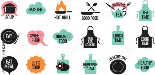 Cooking Food Label Icon Set with Kitchen Apron Tea Lunch Organic Meal Badge Typography Vector Collection for Restaurant Branding Design