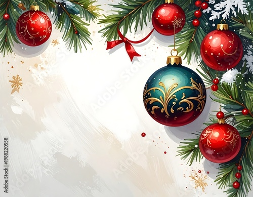 Festive digital illustration showcasing red and teal ornaments on pine boughs, snowflakes, and a bow, with a white, painterly background