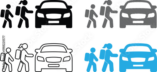 Children with backpacks walking towards a car vector illustration in four diverse styles.