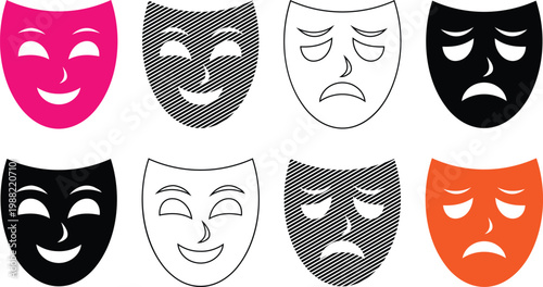 Diversity of comedy and tragedy masks vector illustration in various styles.