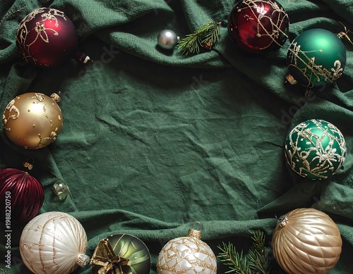 Festive flat lay, colorful glass ornaments frame a textured green fabric. Small pine boughs add natural accents around empty space
