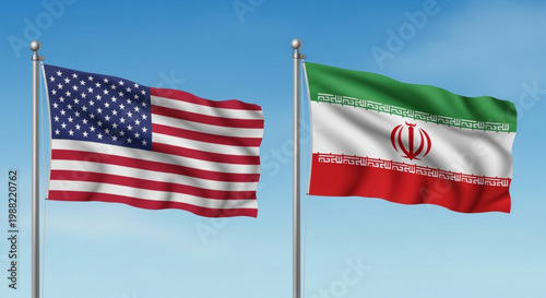 American and iranian flags waving side by side on silver poles against a clear blue sky with wispy clouds symbolizing diplomacy and international relations