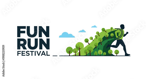 Fun Run Festival Logo Design Featuring Silhouette Runner and Green Landscape Elements