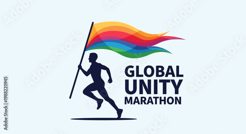 Global Unity Marathon Emblem Shows Runner With a Colorful Flag for Diversity and Inclusion