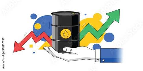 Hand Holding Oil Barrel with Rising and Falling Arrows Representing Crude Price Market Volatility Energy Economy Vector Illustration