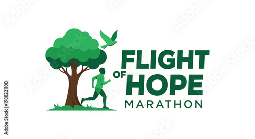 Flight of Hope Marathon Logo Depicting A Runner With An Ascending Bird And Green Tree