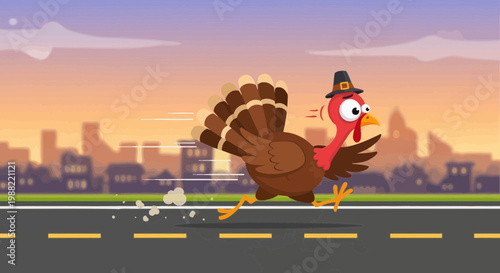 Fleeing Turkey Cartoon Amidst Cityscape, Symbolizing Thanksgiving Day Run