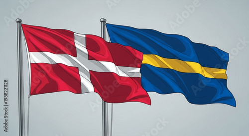 Denmark and greenland flags waving on silver flagpoles against gray background symbolizing international relations and cooperation between countries national pride and unity