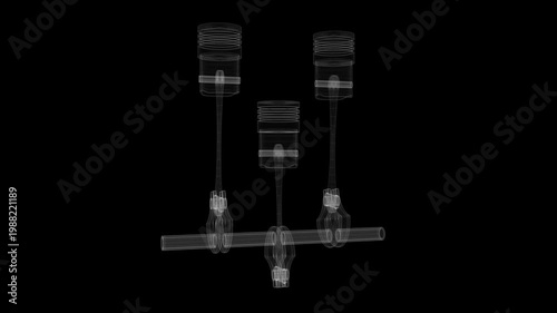 Wireframe Car Engine with Three Cylinders and Rotating Crankshaft on Black Background - 3d 4k animation (3840 x 2160 px)
