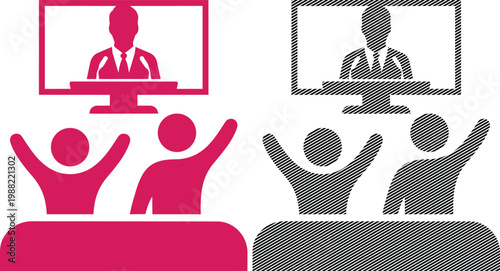 Public speaker on screen and audience vector illustration for webinar or news concept.