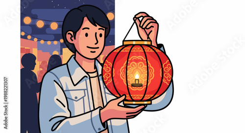 Asian man holding red lantern.