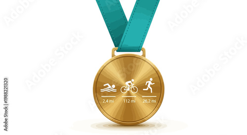 Gold Medal Depicting Triathlon Symbols and Distances on White, Minimal Design