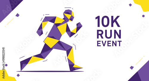 Geometric Runner Design Advertising 10K Run Event Featuring Abstract Sporty Illustration
