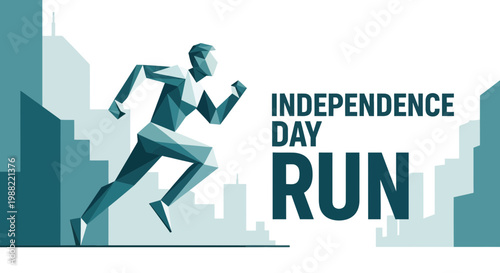 Geometric Runner Sprinting on Independence Day in Front of Urban City Skyline