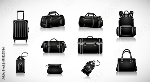 Collection of black leather travel bags and accessories.