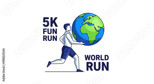 Global 5K Fun Run Illustrative Design with Earth Symbol, World Run, And Sporting Activity