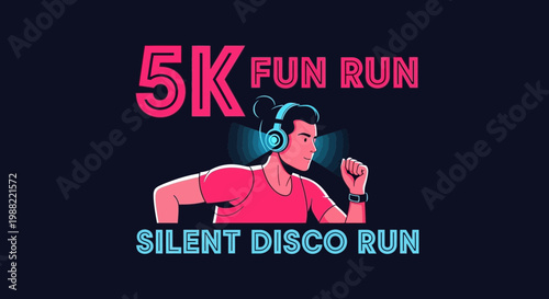 Fun Silent Disco Run With Modern Runner Wearing Headphones For A 5K Event
