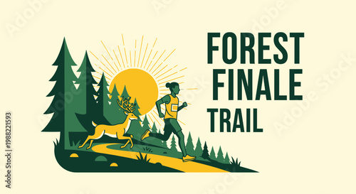 Forest Finale Trail Run Illustration Featuring Runner, Deer, and Sunrise Over a Forest