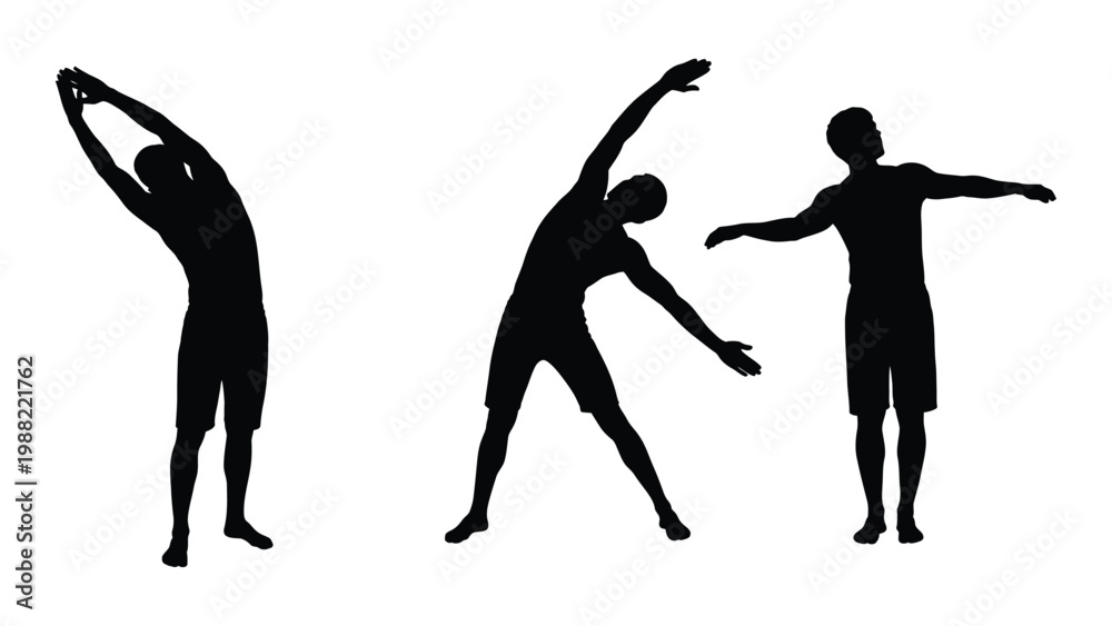 Fototapeta premium Three silhouettes demonstrate stretching exercises showcasing flexibility and physical wellness high quality