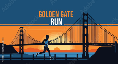 Golden Gate Run With Silhouette Athlete Crossing Iconic Bridge During Sunset Hours
