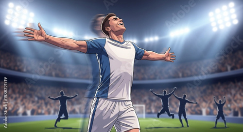 Ultra-realistic vector scene of a player celebrating a goal with open arms, blurred stadium background.