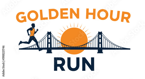 Golden Hour Run Event Logo Design Featuring Bridge, Runner, and Sunrise Silhouette