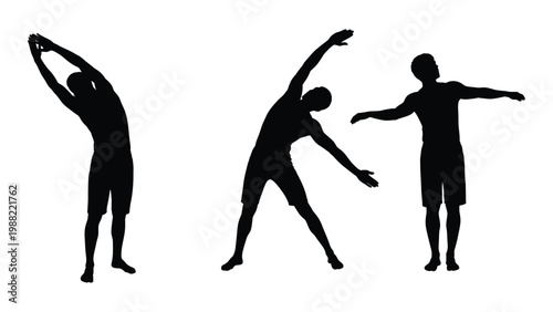 Three silhouettes demonstrate stretching exercises showcasing flexibility and physical wellness high quality
