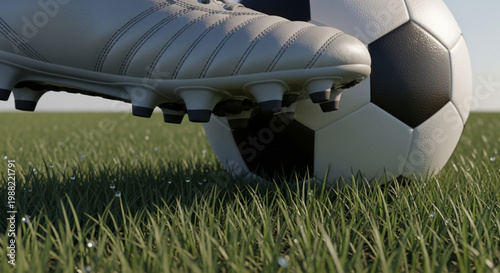 Ultra-realistic close-up vector illustration of a soccer cleat touching the ball on the grass.