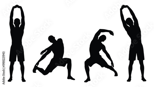 Silhouette illustrations depicting a man performing various stretching and exercise poses