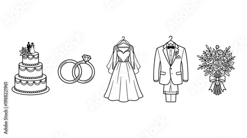 Wedding essentials collection featuring a beautiful tiered cake, sparkling rings, elegant dress, formal suit, and a lovely flower bouquet.