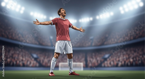 Ultra-realistic vector scene of a player celebrating a goal with open arms, blurred stadium background.