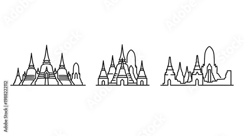 Minimalist Outlines of Traditional Thai Temples